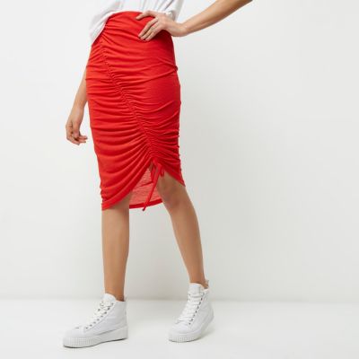 Coral asymmetric ruched jersey pencil skirt